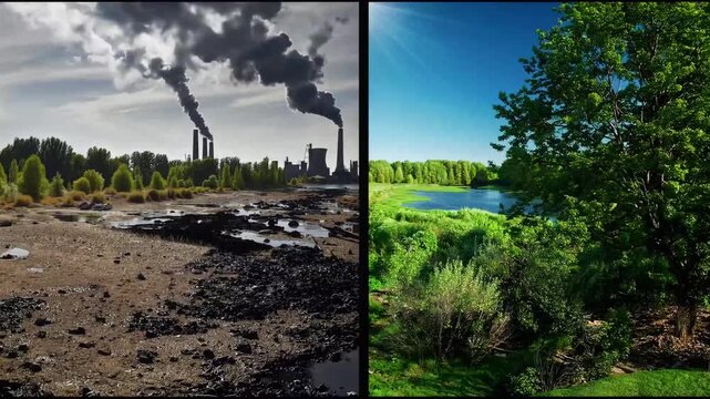 if people don't pollute the environment world and nature can reborn half of picture presents pollution an other green ecology ecosystem 