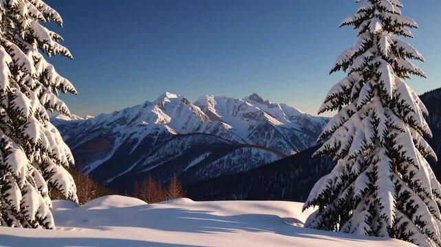 Snow-capped mountain peaks visible beyond two snowy evergreen trees in winter landscape