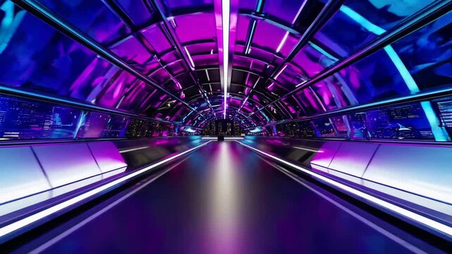 Imaginative Rendering of Futuristic Transportation Corridor with Neon Lighting and Glass Elements