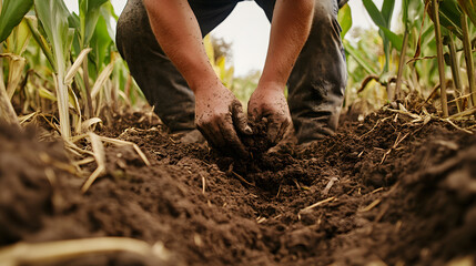 Fototapeta premium Farmer's hands holding soil in a cornfield. Agriculture and farming close up.