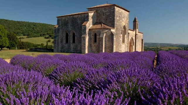 Lavender plantations in blossom surrounding old stone religious building in southern French region