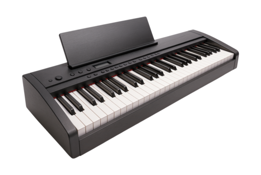 Modern black digital piano, a sleek electronic keyboard with a music rest, in perspective view, Isolated on Transparent and White Background