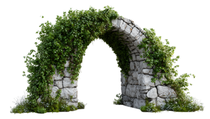 A stone archway with green vines growing out of it