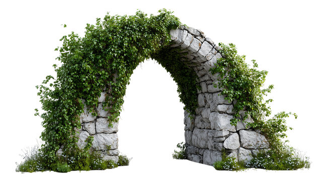 A stone archway with green vines growing out of it