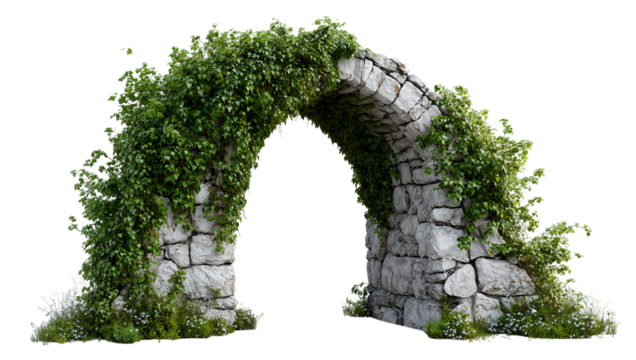 A stone archway with green vines growing out of it