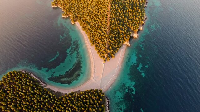 Aerial perspective of the renowned Zlatni Rat beach peninsula at sunrise, showcasing turquoise Adriatic waters and pine forests