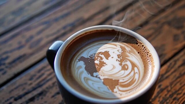 Cup of Coffee Topped with Cream Art in the Shape of World Map
