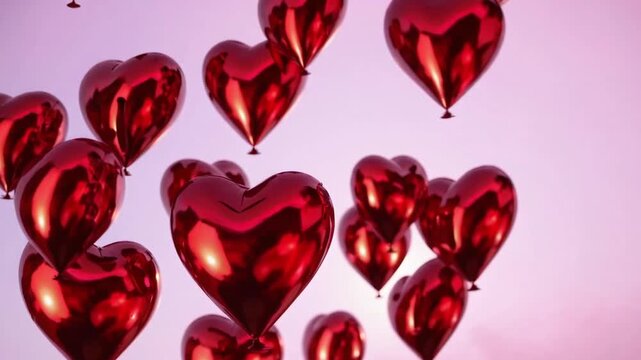 Valentine day background. Red glossy balloon hearts soar