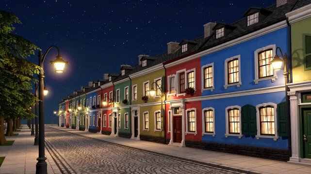 Dwelling exterior visualization with multiple colored attached houses during nighttime