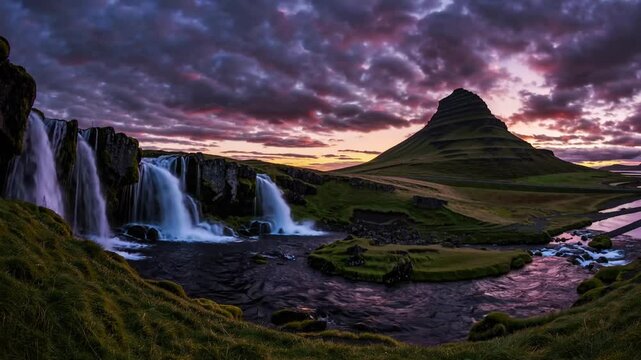 Majestic Kirkjufell Mountain and Waterfall Captured at Sunset with Vibrant Colors