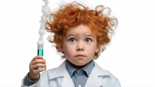 Curious child scientist observes rising smoke from beaker with surprised expression in lab coat