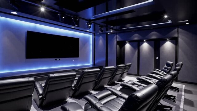 High-End Residential Movie Theater with Blue Accent Lighting and Acoustic Soundproofing Panels