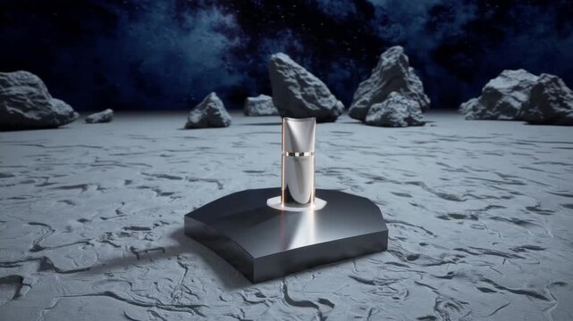 earth-toned product pedestal stand for cosmetic skin care advertisement showcase, resembling meteorite mountains on light gray display