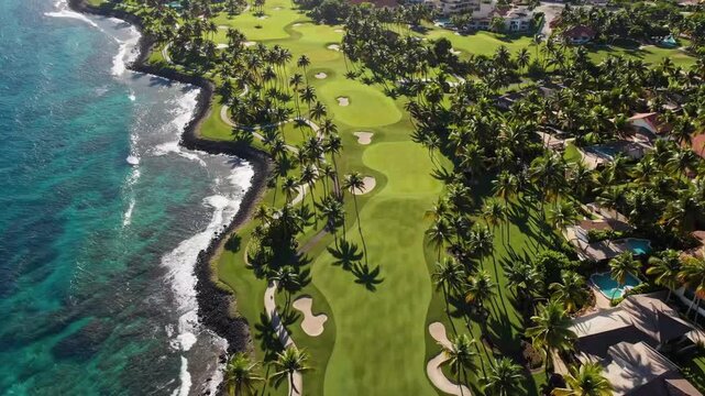 Scenic Golf Course on Tropical Island with Palm Trees and Water Hazards