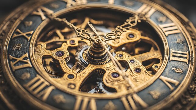 Detailed close-up view of a vintage pocket watch's intricate golden gears and clockwork mechanism.