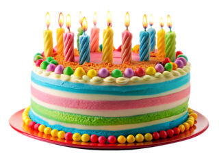 Colorful striped birthday cake with lit candles isolated on a transparent background