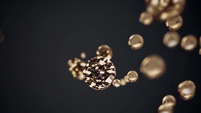 Metallic golden spheres dancing, colliding, morphing across shadowy space, revealing fluid dynamics of gleaming orbs in continuous motion