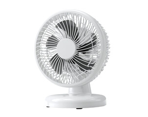 A white fan with a black and grey fan blade