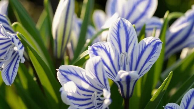 Puschkinia scilloides early spring bulbous flowers in bloom, small white and blue flowering plant, called striped lebanon squill