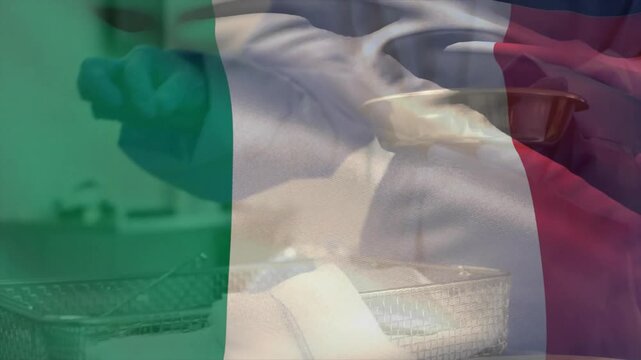 Chef bringing bowl, scooping ingredient, tapping bowl, sprinkling mixing in mesh basket for prep