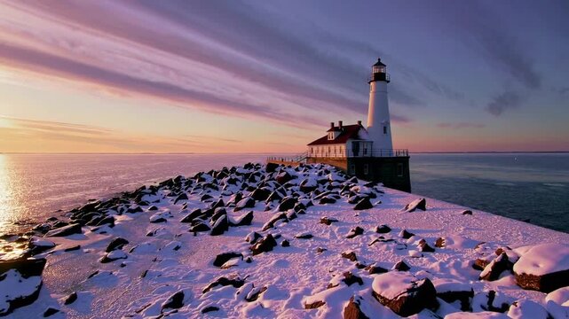 Winter Sunrise Illuminating Historic Beacon Structure on Frozen Lake Shoreline