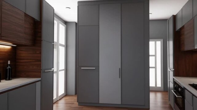Three-Dimensionally Rendered Depiction of Culinary Space with Timber Storage Units and Slate-Colored Worktops