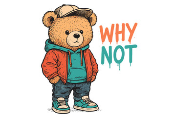 Cute bear character wearing a cap and jacket poses confidently in colorful urban style