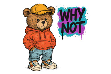 Cute bear character wearing a hoodie and cap with the phrase Why Not in colorful graffiti style