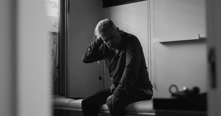 Middle-aged man sitting in clinic holding head in distress, dramatic black and white image conveying emotional pain or mental burden in medical environment