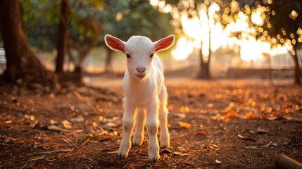 Obraz premium A small, white goat kid stands in a sunlit clearing, bathed in golden light, amidst trees and fallen leaves.