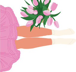 Woman legs in tutu dress on the white backdrop up view flat style with bouquet