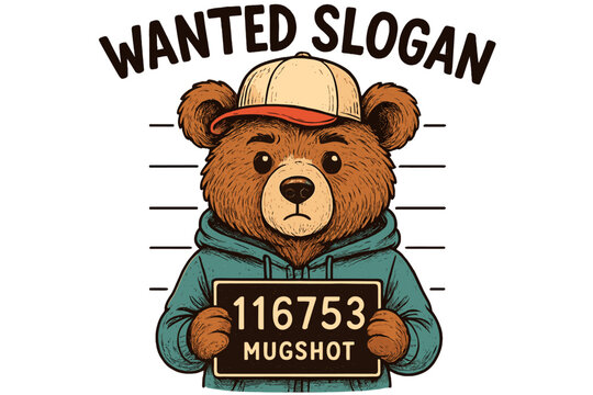 Cartoon bear with cap holding a mugshot sign in a playful and humorous wanted poster style