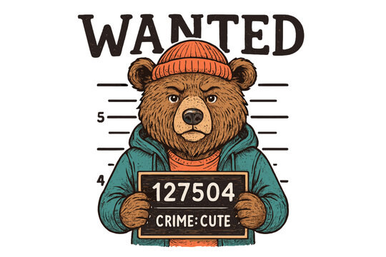 Bear is featured on a wanted poster in a playful design showcasing its cute crime in a whimsical style - Powered by Adobe