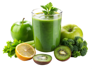 Green smoothie with fresh fruits and vegetables isolated on a transparent background