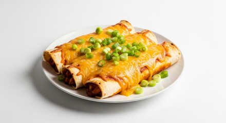 Three cheesy enchiladas topped with fresh green onions sit on a white plate against a plain background.