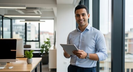 Confident Businessman with Tablet Smiling by a Large Window in a Modern Office.