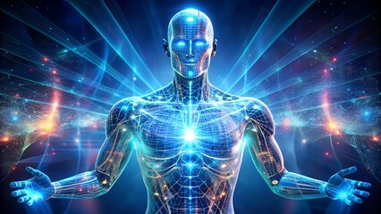 Futuristic Humanoid Figure with Glowing Energy Emanating From Its Body in a Digital Landscape