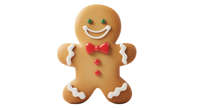 A gingerbread man with a bow tie and a big smile on his face