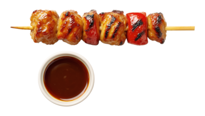 A single grilled chicken Tsukune meatball skewer with red pepper and a bowl of savory dipping sauce, Isolated on Transparent and White Background