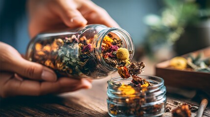 Hands carefully pouring colorful dried flower tea ingredients into a small glass jar, showcasing a tranquil and artful herbal preparation process.