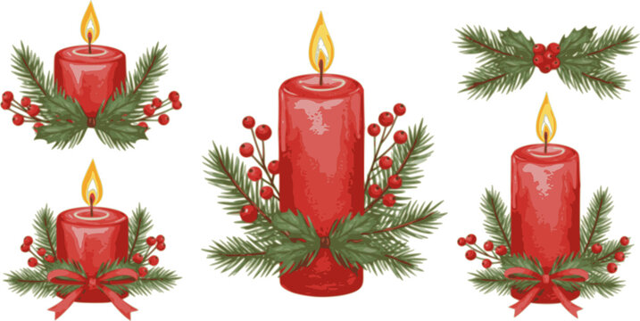 set of Christmas candle watercolor illustrations. Vector Holidays illustration of red candle with pine and berry brunches.
