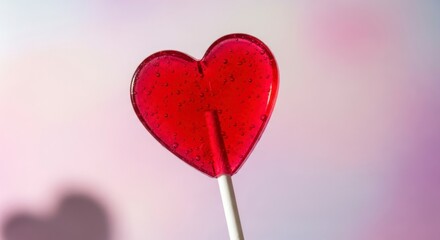 Glistening Red Heart Lollipop, Translucent with Bubbles, on a Soft Pastel Background