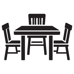 Black silhouette of a square table with three chairs on a white background furniture dining