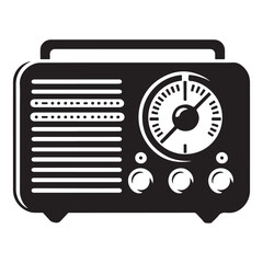 Black and white graphic illustration of a vintage radio with knobs and dial retro broadcast