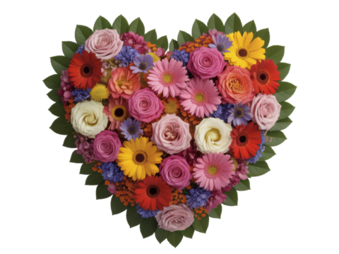 Heart shaped floral arrangement with colorful flowers

