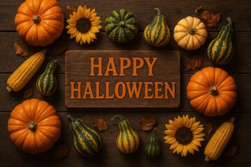 Festive arrangement of pumpkins, gourds, sunflowers, and autumn leaves with a "happy halloween" sign, perfect for seasonal celebrations and decorations.