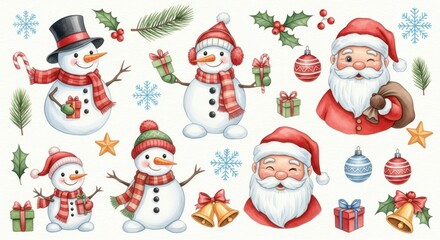 Charming Christmas illustrations featuring playful snowmen and Santa Claus,  decorated with gifts, ornaments, and holiday foliage,  exhibiting a joyful and festive Christmas mood.