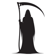 Grim Reaper silhouette with scythe against white background death hooded figure 1