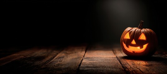 Glowing Jack-o'-lantern on Dark Wooden Background with Space for Graphics