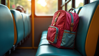 Backpack on a school bus seat, interior view highlighting travel and commuting. Bright red backpack contrasts with the muted tones of bus interior, suggesting journey.